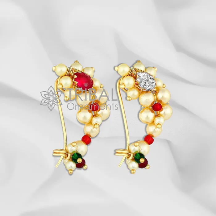 Indian Traditional cultural nose pin stud or Nath Maharasthrian nath 18 kt yellow gold and pearl handmade ethnic jewelry from india gnp52 TRIBAL ORNAMENTS Earrings Indian Traditional cultural nose pin stud or Nath Maharasthrian nath 18 kt yellow gold and pearl handmade ethnic jewelry from india gnp52 TRIBAL ORNAMENTS Earrings