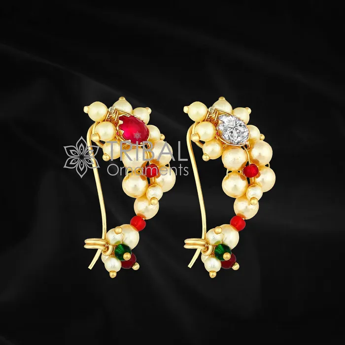 Indian Traditional cultural nose pin stud or Nath Maharasthrian nath 18 kt yellow gold and pearl handmade ethnic jewelry from india gnp52 TRIBAL ORNAMENTS Earrings Indian Traditional cultural nose pin stud or Nath Maharasthrian nath 18 kt yellow gold and pearl handmade ethnic jewelry from india gnp52 TRIBAL ORNAMENTS Earrings