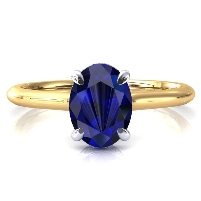 Janey Oval Blue Sapphire 4 Prongs Claw Floating Halo Inverted Cathedral Ring Fire Brilliance Rings