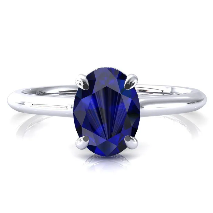 Janey Oval Blue Sapphire 4 Prongs Claw Floating Halo Inverted Cathedral Ring Fire Brilliance Rings