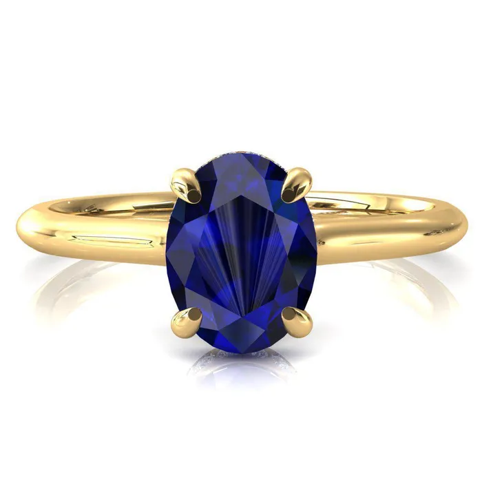 Janey Oval Blue Sapphire 4 Prongs Claw Floating Halo Inverted Cathedral Ring Fire Brilliance Rings