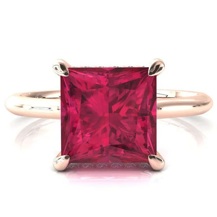 Janey Princess Ruby 4 Prongs Claw Floating Halo Inverted Cathedral Ring Fire Brilliance Rings