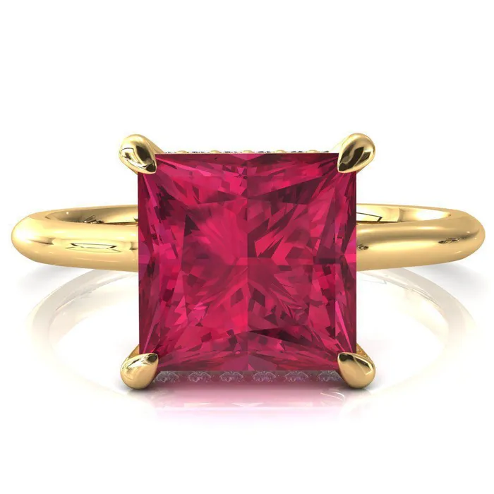 Janey Princess Ruby 4 Prongs Claw Floating Halo Inverted Cathedral Ring Fire Brilliance Rings