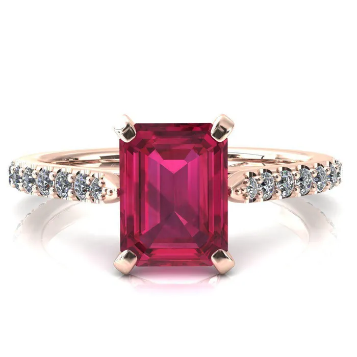 Kelsy Emerald Ruby 4 Prong 34 Shared Scalloped Inverted Cathedral Ring Fire Brilliance Rings