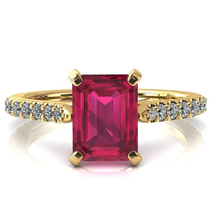 Kelsy Emerald Ruby 4 Prong 34 Shared Scalloped Inverted Cathedral Ring Fire Brilliance Rings