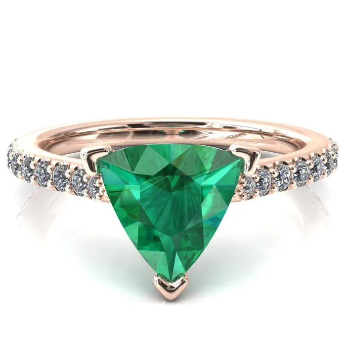 Kelsy Trillion Emerald 3 Prong 34 Shared Scalloped Inverted Cathedral Ring Fire Brilliance Rings
