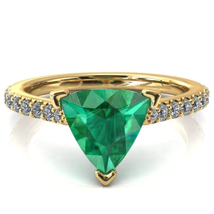 Kelsy Trillion Emerald 3 Prong 34 Shared Scalloped Inverted Cathedral Ring Fire Brilliance Rings