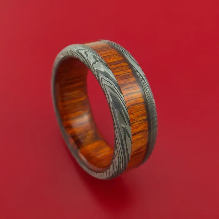 Lashbrook Damascus Steel Ring with Hardwood Inlay and Interior Hardwood Sleeve Custom Made Band Rings Lashbrook Damascus Steel Ring with Hardwood Inlay and Interior Hardwood Sleeve Custom Made Band Rings