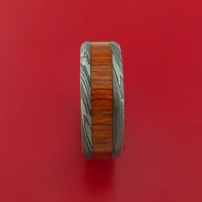 Lashbrook Damascus Steel Ring with Hardwood Inlay and Interior Hardwood Sleeve Custom Made Band Rings Lashbrook Damascus Steel Ring with Hardwood Inlay and Interior Hardwood Sleeve Custom Made Band Rings