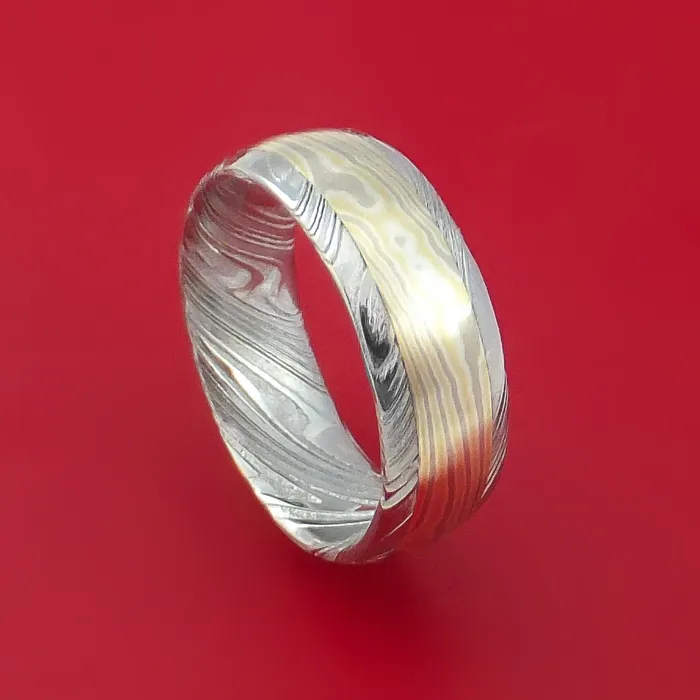 Lashbrook Kuro Damascus Steel Ring with 18k Yellow Gold 14k White Gold and Sterling Silver Mokume Gane Inlay Custom Made Band Rings Lashbrook Kuro Damascus Steel Ring with 18k Yellow Gold 14k White Gold and Sterling Silver Mokume Gane Inlay Custom Made Band Rings