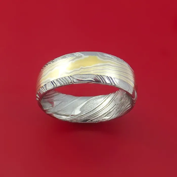 Lashbrook Kuro Damascus Steel Ring with 18k Yellow Gold 14k White Gold and Sterling Silver Mokume Gane Inlay Custom Made Band Rings