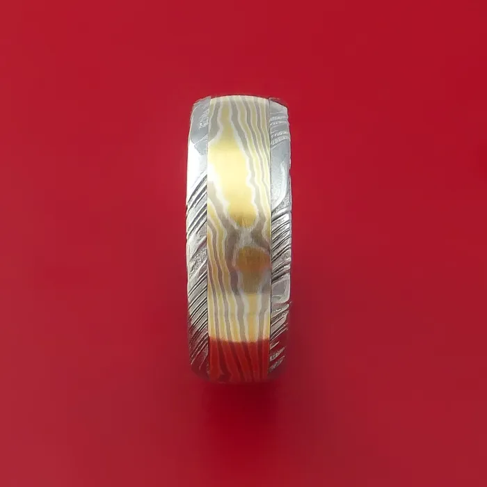 Lashbrook Kuro Damascus Steel Ring with 18k Yellow Gold 14k White Gold and Sterling Silver Mokume Gane Inlay Custom Made Band Rings