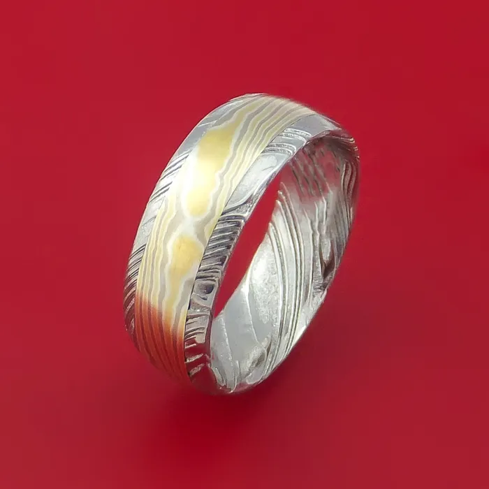 Lashbrook Kuro Damascus Steel Ring with 18k Yellow Gold 14k White Gold and Sterling Silver Mokume Gane Inlay Custom Made Band Rings
