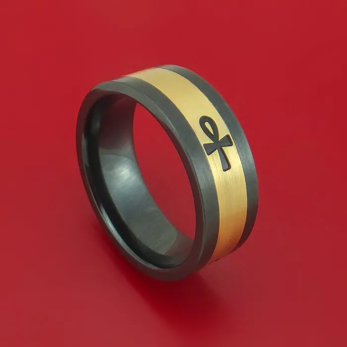 Lashbrook Rings Black Zirconium Ring with 14k Yellow Gold and 4 Ankhs Milled Design Inlays Custom Made Band Lashbrook Rings Black Zirconium Ring with 14k Yellow Gold and 4 Ankhs Milled Design Inlays Custom Made Band