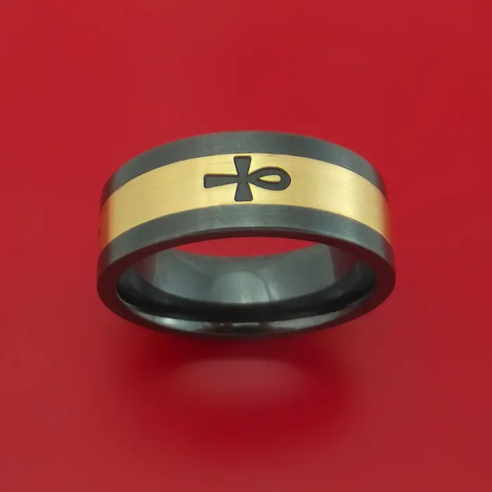Lashbrook Rings Black Zirconium Ring with 14k Yellow Gold and 4 Ankhs Milled Design Inlays Custom Made Band Lashbrook Rings Black Zirconium Ring with 14k Yellow Gold and 4 Ankhs Milled Design Inlays Custom Made Band