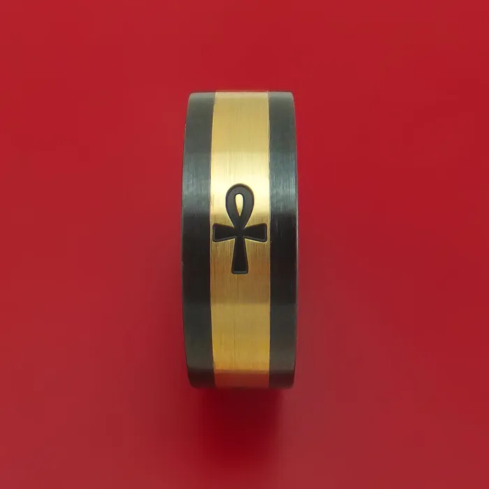 Lashbrook Rings Black Zirconium Ring with 14k Yellow Gold and 4 Ankhs Milled Design Inlays Custom Made Band Lashbrook Rings Black Zirconium Ring with 14k Yellow Gold and 4 Ankhs Milled Design Inlays Custom Made Band