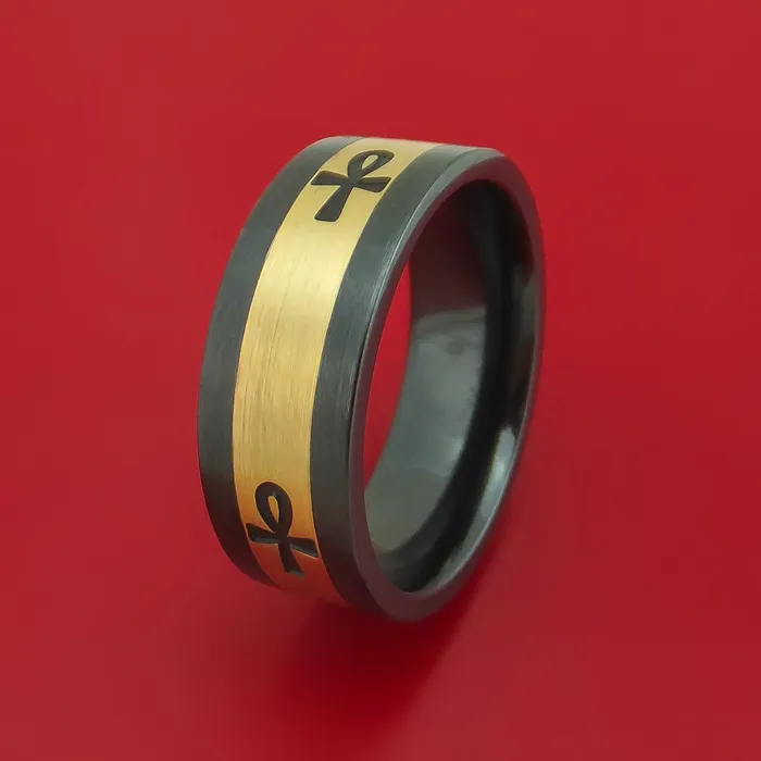 Lashbrook Rings Black Zirconium Ring with 14k Yellow Gold and 4 Ankhs Milled Design Inlays Custom Made Band Lashbrook Rings Black Zirconium Ring with 14k Yellow Gold and 4 Ankhs Milled Design Inlays Custom Made Band