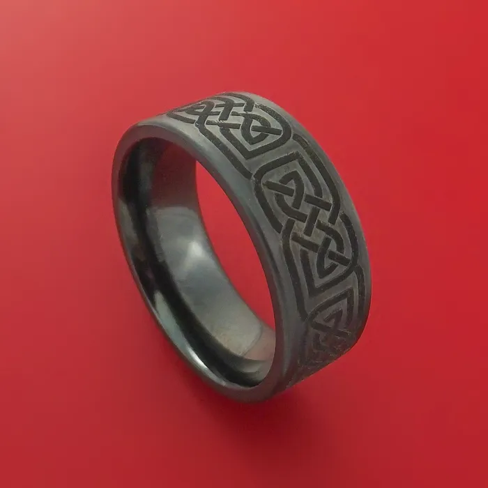 Lashbrook Rings Black Zirconium Ring with Infinity Knot Etched Celtic Design Inlay Custom Made Band Lashbrook Rings Black Zirconium Ring with Infinity Knot Etched Celtic Design Inlay Custom Made Band
