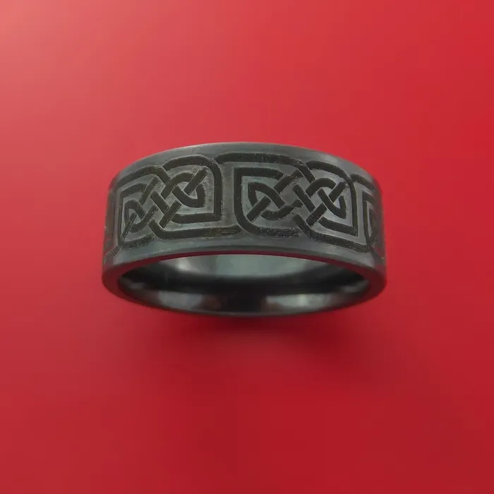 Lashbrook Rings Black Zirconium Ring with Infinity Knot Etched Celtic Design Inlay Custom Made Band Lashbrook Rings Black Zirconium Ring with Infinity Knot Etched Celtic Design Inlay Custom Made Band