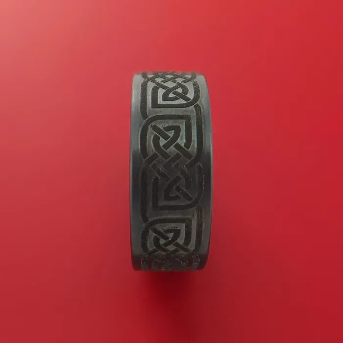 Lashbrook Rings Black Zirconium Ring with Infinity Knot Etched Celtic Design Inlay Custom Made Band Lashbrook Rings Black Zirconium Ring with Infinity Knot Etched Celtic Design Inlay Custom Made Band