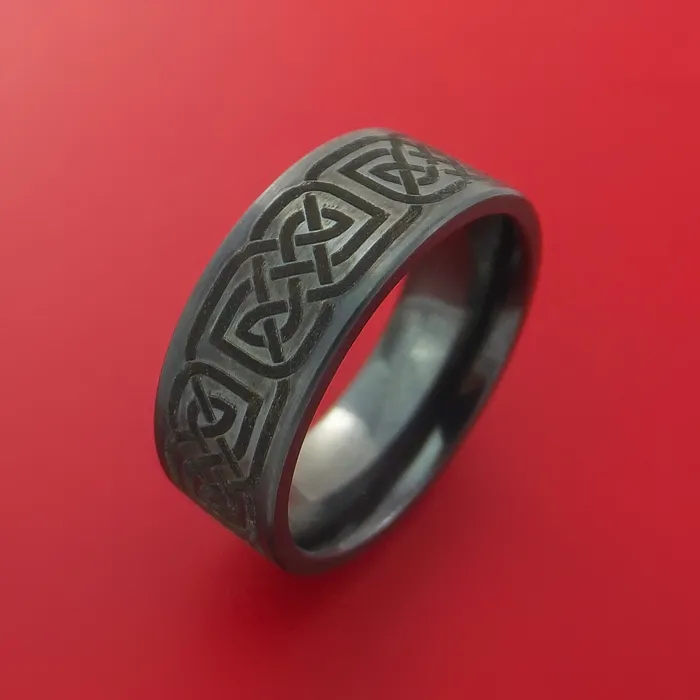 Lashbrook Rings Black Zirconium Ring with Infinity Knot Etched Celtic Design Inlay Custom Made Band Lashbrook Rings Black Zirconium Ring with Infinity Knot Etched Celtic Design Inlay Custom Made Band