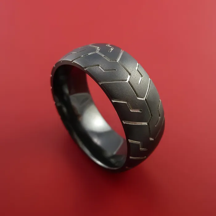 Lashbrook Rings Black Zirconium Ring with Motorcycle Tire Tread Pattern Inlay Custom Made Band Lashbrook Rings Black Zirconium Ring with Motorcycle Tire Tread Pattern Inlay Custom Made Band