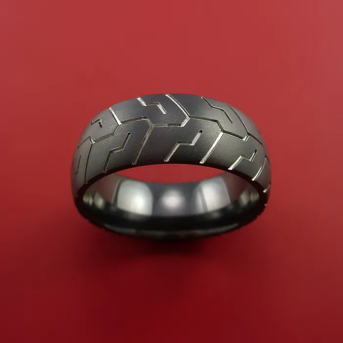 Lashbrook Rings Black Zirconium Ring with Motorcycle Tire Tread Pattern Inlay Custom Made Band Lashbrook Rings Black Zirconium Ring with Motorcycle Tire Tread Pattern Inlay Custom Made Band
