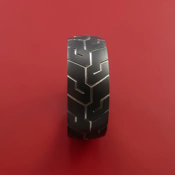 Lashbrook Rings Black Zirconium Ring with Motorcycle Tire Tread Pattern Inlay Custom Made Band Lashbrook Rings Black Zirconium Ring with Motorcycle Tire Tread Pattern Inlay Custom Made Band
