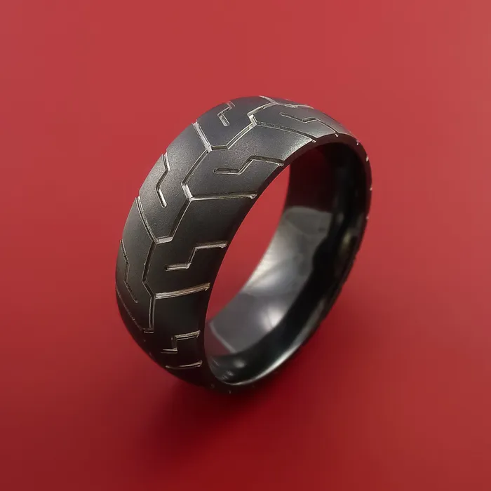 Lashbrook Rings Black Zirconium Ring with Motorcycle Tire Tread Pattern Inlay Custom Made Band Lashbrook Rings Black Zirconium Ring with Motorcycle Tire Tread Pattern Inlay Custom Made Band