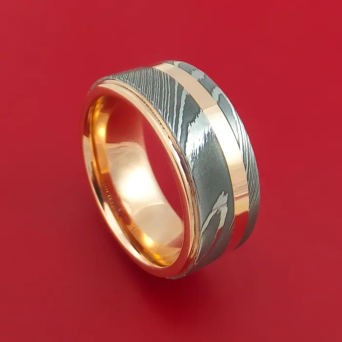 Lashbrook Rings Damascus Steel 14K Rose Gold Ring Wedding Band with Gold Inlay Lashbrook Rings Damascus Steel 14K Rose Gold Ring Wedding Band with Gold Inlay