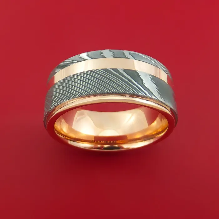 Lashbrook Rings Damascus Steel 14K Rose Gold Ring Wedding Band with Gold Inlay