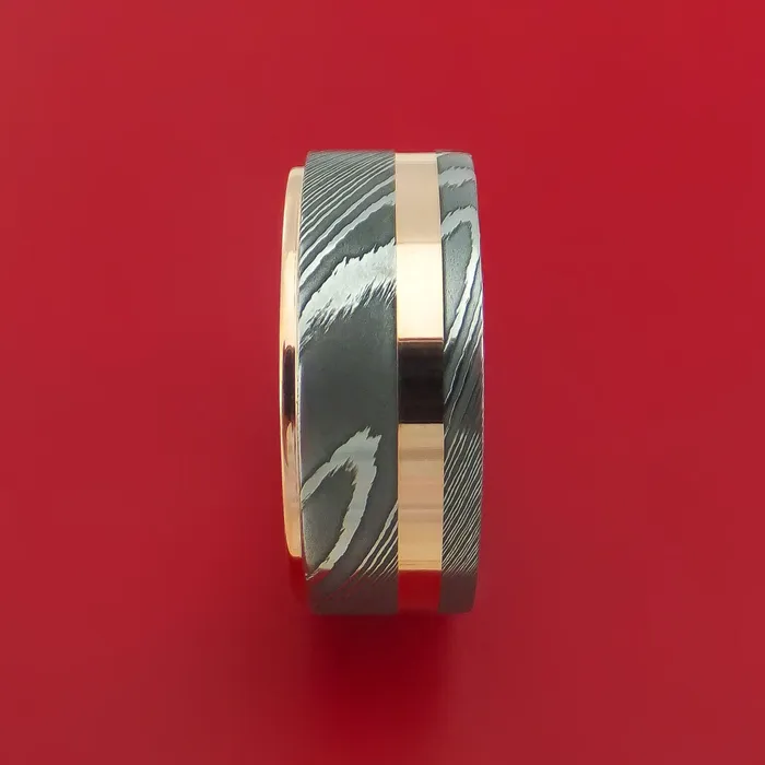 Lashbrook Rings Damascus Steel 14K Rose Gold Ring Wedding Band with Gold Inlay