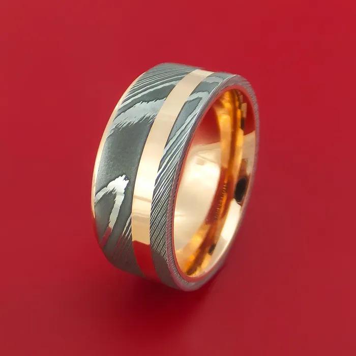 Lashbrook Rings Damascus Steel 14K Rose Gold Ring Wedding Band with Gold Inlay