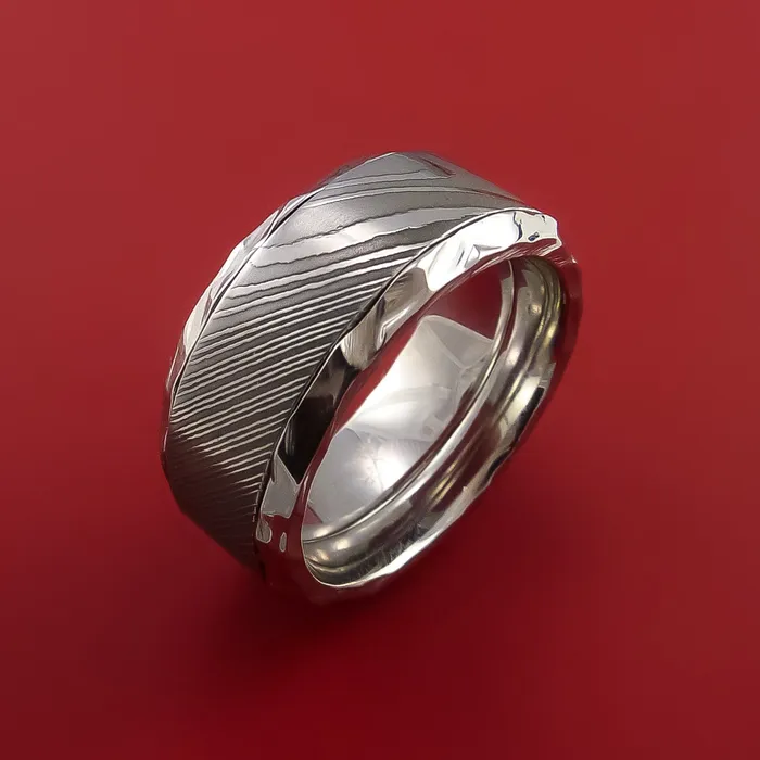 Lashbrook Rings Hammered Cobalt Chrome Ring with Damascus Steel Inlay Custom Made Band Lashbrook Rings Hammered Cobalt Chrome Ring with Damascus Steel Inlay Custom Made Band