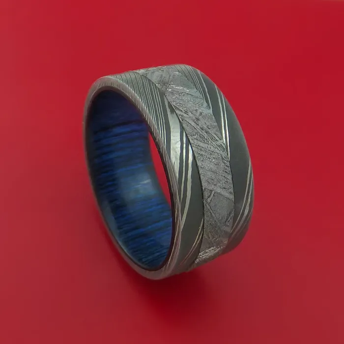 Lashbrook Rings Wide Damascus Steel Ring with Gibeon Meteorite Inlay and Interior Hardwood Sleeve Custom Made Band Lashbrook Rings Wide Damascus Steel Ring with Gibeon Meteorite Inlay and Interior Hardwood Sleeve Custom Made Band