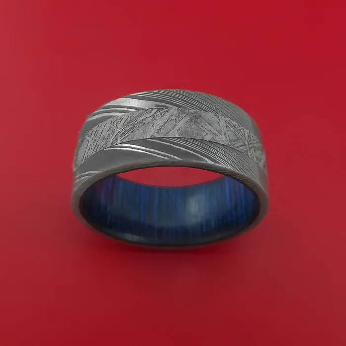 Lashbrook Rings Wide Damascus Steel Ring with Gibeon Meteorite Inlay and Interior Hardwood Sleeve Custom Made Band Lashbrook Rings Wide Damascus Steel Ring with Gibeon Meteorite Inlay and Interior Hardwood Sleeve Custom Made Band