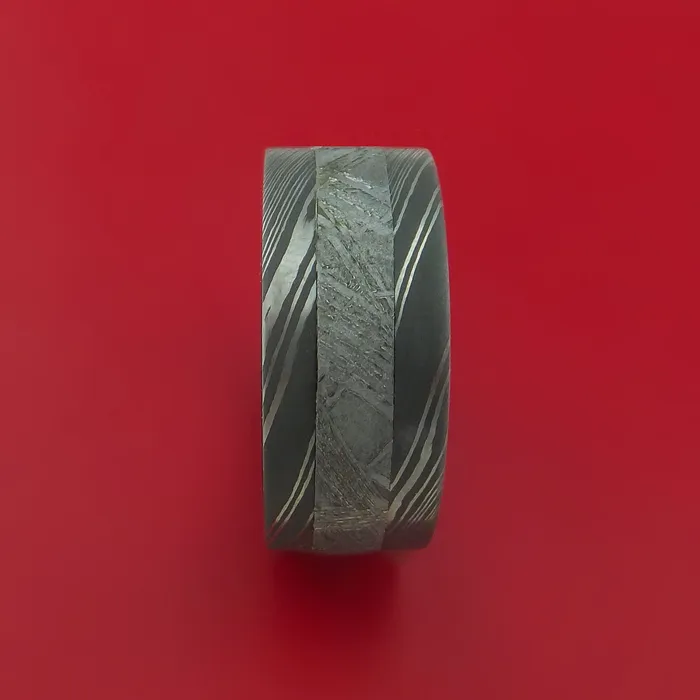 Lashbrook Rings Wide Damascus Steel Ring with Gibeon Meteorite Inlay and Interior Hardwood Sleeve Custom Made Band Lashbrook Rings Wide Damascus Steel Ring with Gibeon Meteorite Inlay and Interior Hardwood Sleeve Custom Made Band