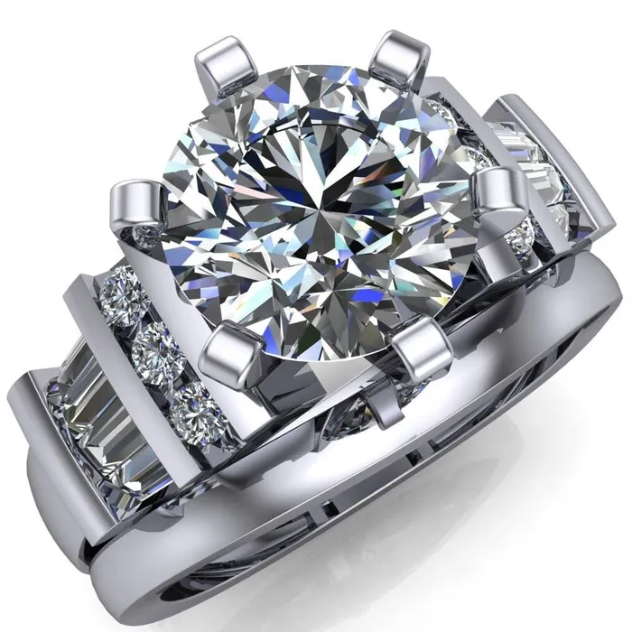 London Round Center Stone 6 Prong Baguette and Diamond Accent Ring Fire Brilliance Rings London Round Center Stone 6 Prong Baguette and Diamond Accent Ring Fire Brilliance Rings