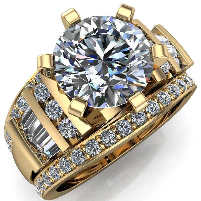 London Round Center Stone 6 Prong Baguette and Diamond Accent Ring Fire Brilliance Rings