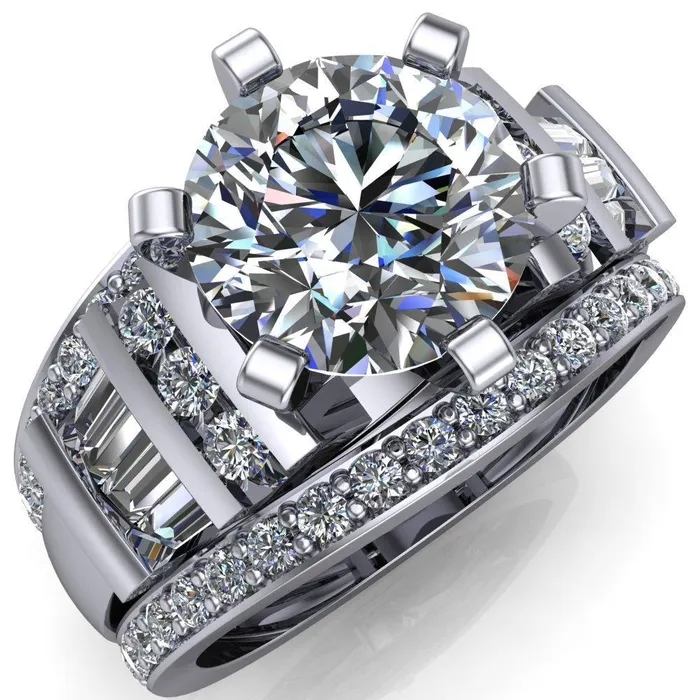 London Round Center Stone 6 Prong Baguette and Diamond Accent Ring Fire Brilliance Rings