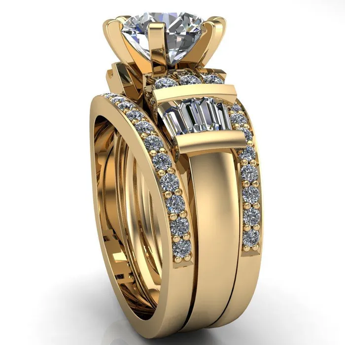 London Round Center Stone 6 Prong Baguette and Diamond Accent Ring Fire Brilliance Rings