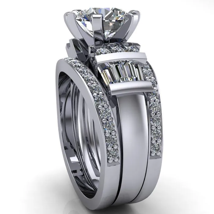 London Round Center Stone 6 Prong Baguette and Diamond Accent Ring Fire Brilliance Rings
