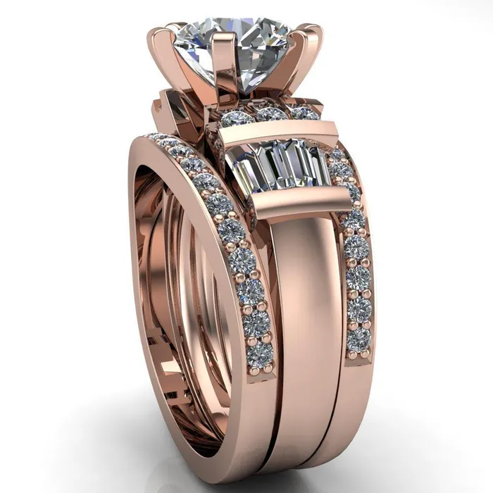 London Round Center Stone 6 Prong Baguette and Diamond Accent Ring Fire Brilliance Rings