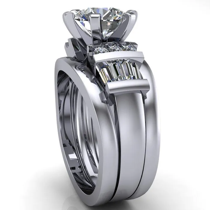London Round Center Stone 6 Prong Baguette and Diamond Accent Ring Fire Brilliance Rings