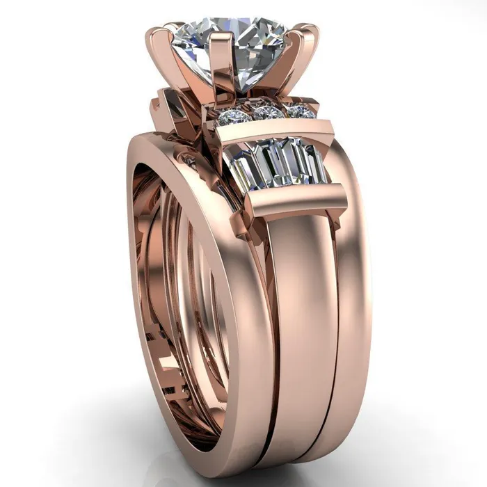 London Round Center Stone 6 Prong Baguette and Diamond Accent Ring Fire Brilliance Rings