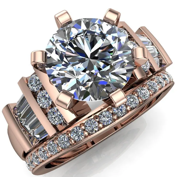 London Round Center Stone 6 Prong Baguette and Diamond Accent Ring Fire Brilliance Rings