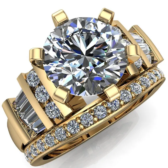 London Round Center Stone 6 Prong Baguette and Diamond Accent Ring Fire Brilliance Rings
