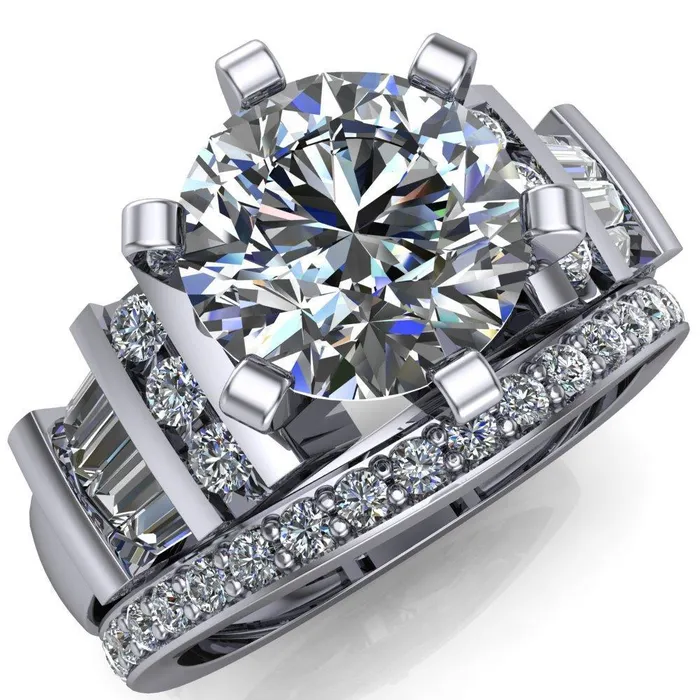 London Round Center Stone 6 Prong Baguette and Diamond Accent Ring Fire Brilliance Rings