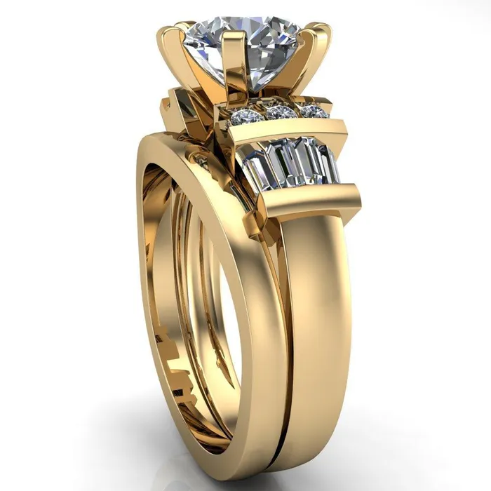 London Round Center Stone 6 Prong Baguette and Diamond Accent Ring Fire Brilliance Rings