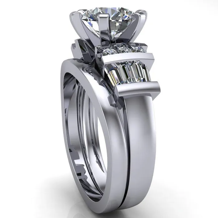 London Round Center Stone 6 Prong Baguette and Diamond Accent Ring Fire Brilliance Rings